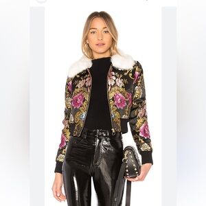 LPA Black Bomber Jacket with Floral Embroidery and Faux Fur Collar. Size S
